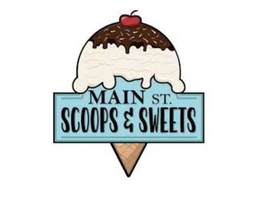 Main St. Scoops & Sweets logo: a scoop of vanilla ice cream with chocolate, sprinkles and a cherry on a waffle cone